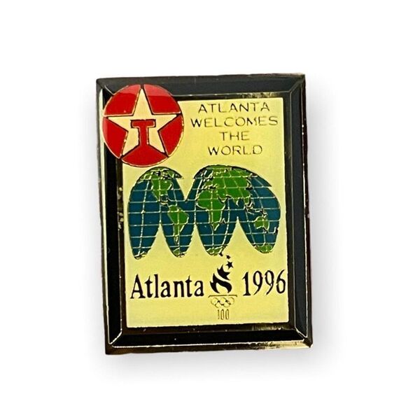 Texaco Atlanta Welcomes The World 1996 Olympic Pin Vintage World Logo Gold Tone - Picture 2 of 5